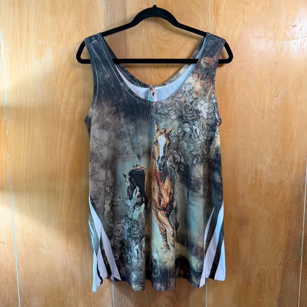 Western Gothic Studded Horse Floral‎ Print Tank Top Brown Black XL